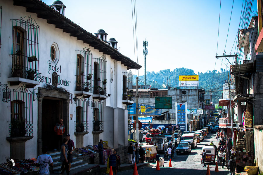 Bus stop outside Hotel Santo Tomas Guatemala backpacking itinerary